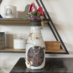 Vintage Decoupaged Milk Bottle with Cat Design and Vintage Rose Buds.